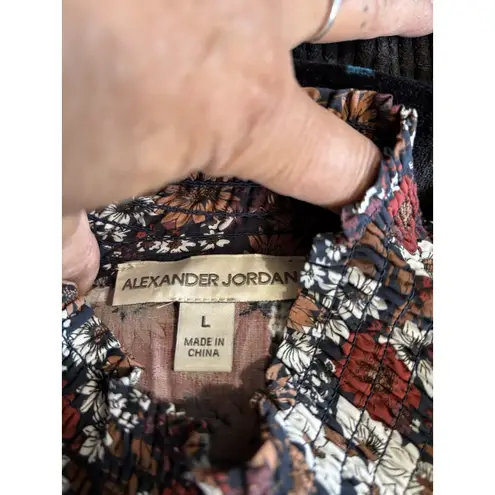 Alexander Julian Alexander Jordan Brown/Burg Floral Long Sleeve Smocked Neck/Cuffs Blouse Size L