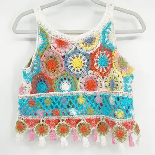 Womens Boho Hippie Crochet Tank Top Multicolor Patchwork Festival Coachella Blue Size M