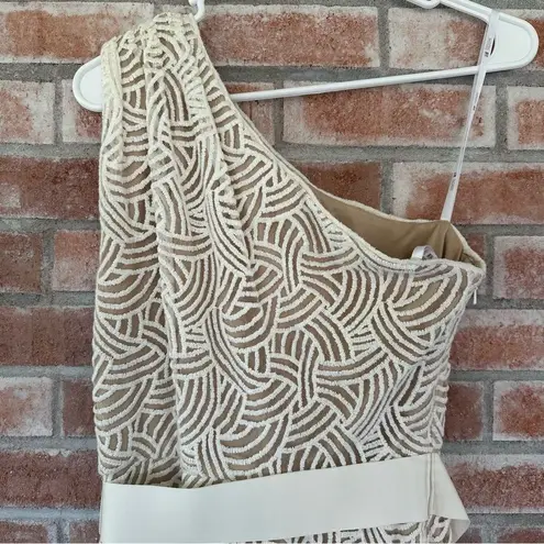 Tadashi Shoji One Shoulder Scalloped Embroidered Dress Women’s 4 Cream Elegant