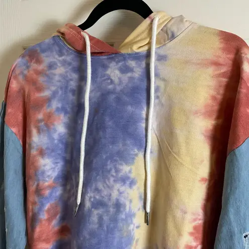 Like an angel pullover cropped hoodie, tie-dye, light denim sleeves Size large
