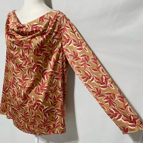 Denim & Co New Leaf Print Satin Long Sleeve Cowl Neck Blouse Tan Red Size Medium