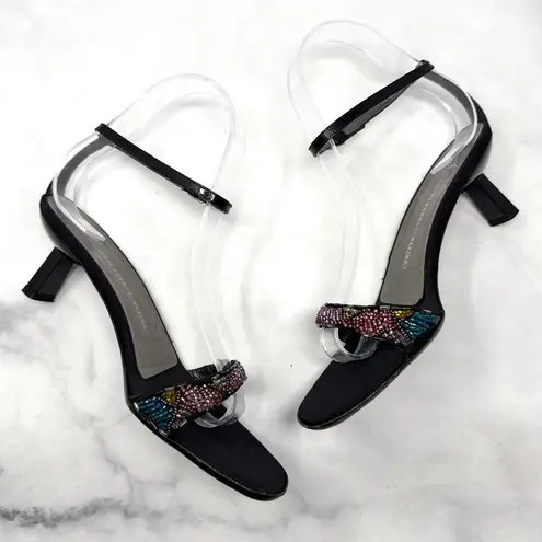 Giuseppe Zanotti Vintage 90s Y2K Beaded Ankle Strap Kitten Heels Retro Black 37