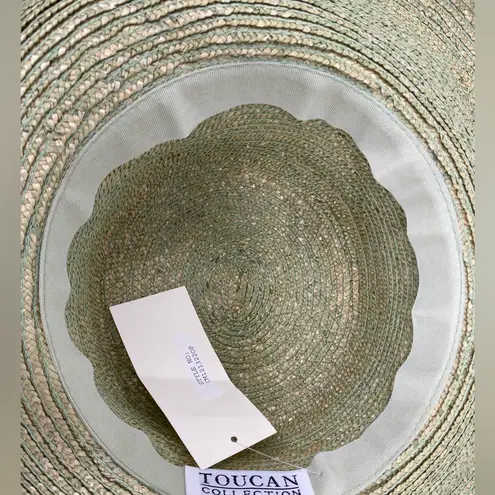 Toucan Straw hat light green, spray of flowers on raw silk ribbon Green