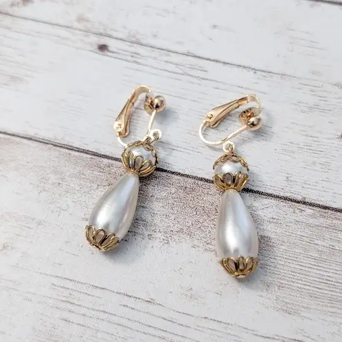 Vintage Clip On Earrings Faux Pearl Dangle Gold