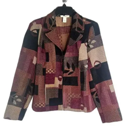 Dressbarn Jacket Blazer patchwork Brocade Abstract Full Zip w/ Tassel Size MD Red Size M