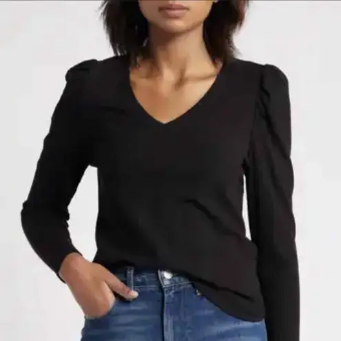 Gray Slate Black Long Sleeves V Neck Puffed Shoulders Feminine Top Medium