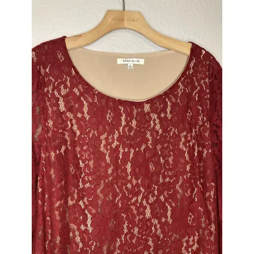 Rose + Olive Top Women XL Red Bell Sleeve Floral Lace Scalloped Romantic Boho