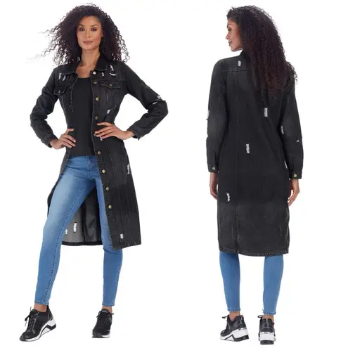 K. Jordan Women’s Cotton Long Destructed Jean Jacket Dress in Black Wash M Size M
