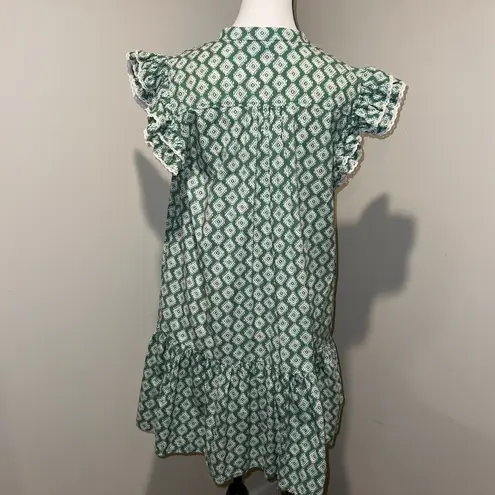 Hausen Aztec Diamond Print Cap Sleeve Ruffle Hem Mini Dress Green White Size M Size M