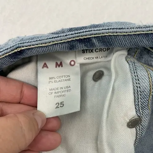 AMO Cropped Distressed Raw Hem Skinny Jeans Stretch Denim Light Wash size 25