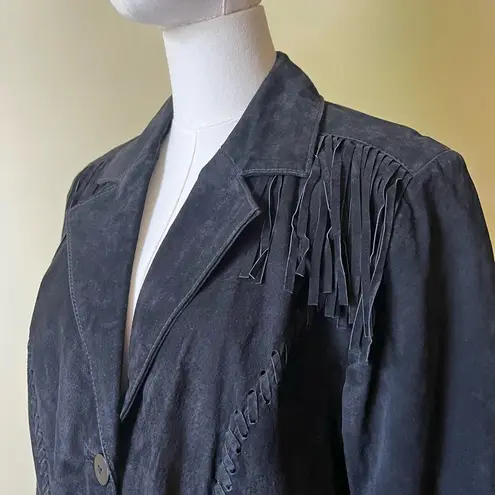 Vintage 70s Style Genuine Leather Fringe Jacket Black Suede Western Boho Large
