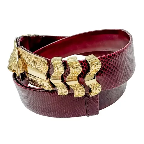Judith Leiber vintage Lion's Head belt burgundy red leather & gold adjustable OS