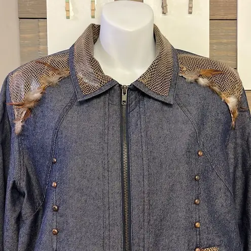Patchington Vintage Silk Cotton Zip Up Jean Jacket Faux Snakeskin & Feathers