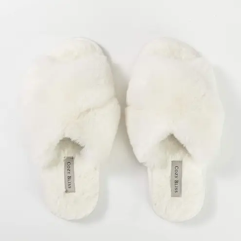 Faux Fur Cross Band Memory Foam Open Toe Fuzzy Fluffy House Slippers Cream 7-8