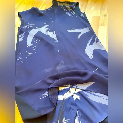 Printed Blue Sleeveless Shift Shirt Dress Boho Feminine Zip Up Medium