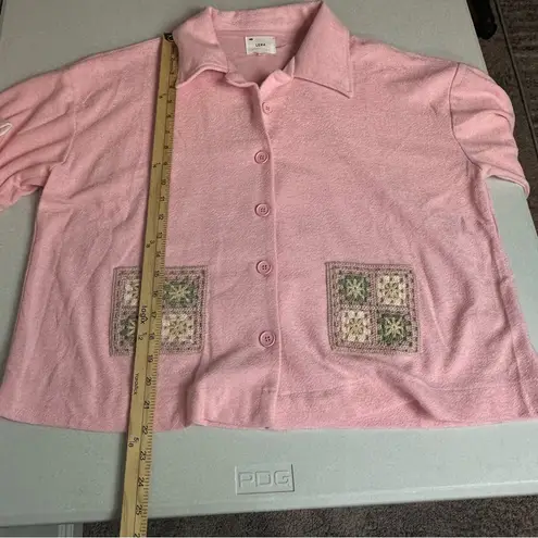 Lena Two Piece Grannycore Pink Terry Lounge Set Crochet Details Size Large NWOT