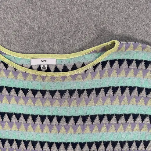 Fate Short Sleeve Tie Waist Knit Top Women's Medium Blue Green Stripe Linen Blen