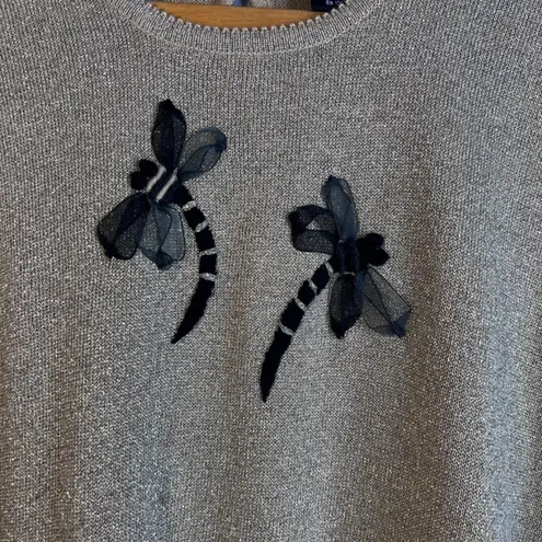 Terazzo Gold Metallic Knit Embroidered Dragonfly Sweater Blouse Size Large