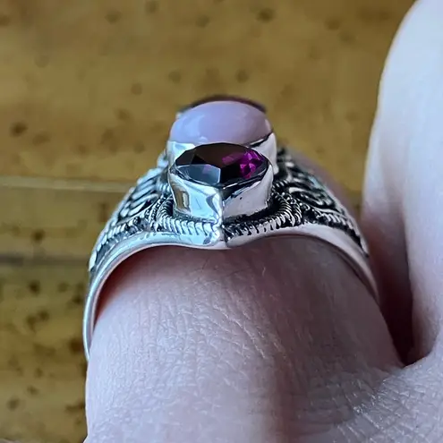 Natural Pink Opal Rhodolite Garnet Sterling Silver Ring Size 5.75