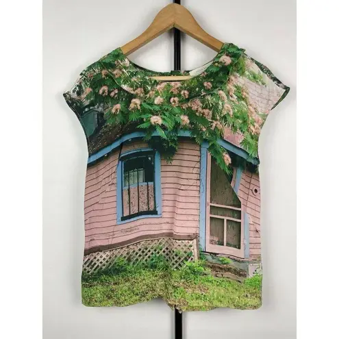 Sarah Ball Photography Cottage Garden Artsy 100% Silk Button Back Blouse Size 2 Green