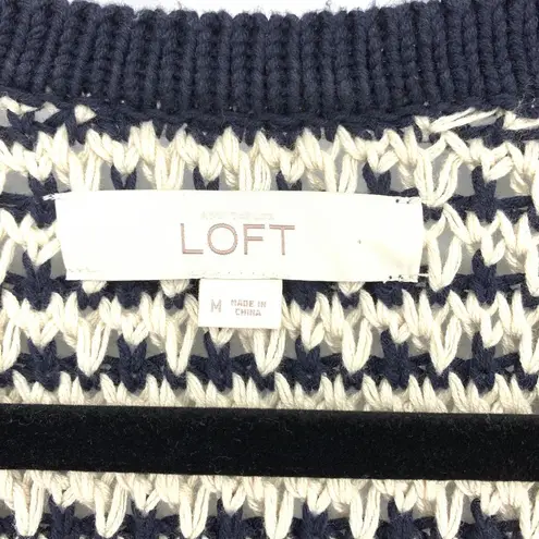 Loft Womens Size Medium Crochet Knit Blazer Striped Navy Blue Cream