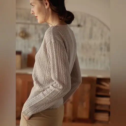 Simple Retro Scallop Trim Cable Knit Cardigan Sweater Tan Size M