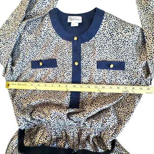 Vintage Hal Hardin Long Sleeve Navy & White Pleated Dress W/ Belt & Gold Buttons Blue Size 14