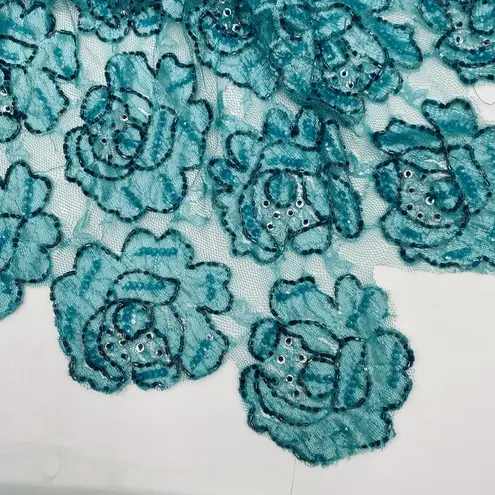 Vintage Floral Beaded Gown Long Sleeve V Neck All Over Rose Beading Turquoise 4 Blue