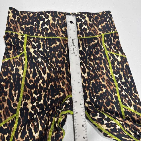 ALL ACCESS Womens High Waist Leggings Size S Leopard Light Neon Stitching Pocket Brown