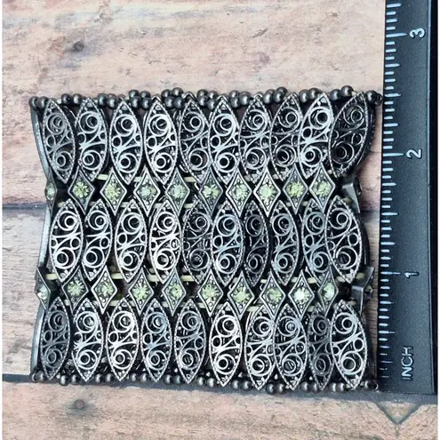 None Wide Stretch Bracelet Black Gun Metal Statement Filigree & Rhinestones One Size