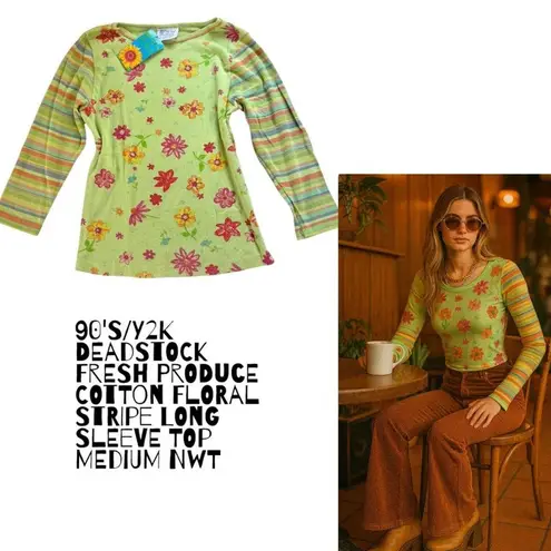 Fresh Produce 90s Y2K Floral Stripe Long Sleeve Top NWT Medium Cotton DEADSTOCK
