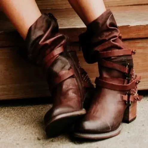 FREEBIRD by Steven Freebird Boot Coy Buckle Strap Heeled Leather Slouchy Studded Rust 7 GUC