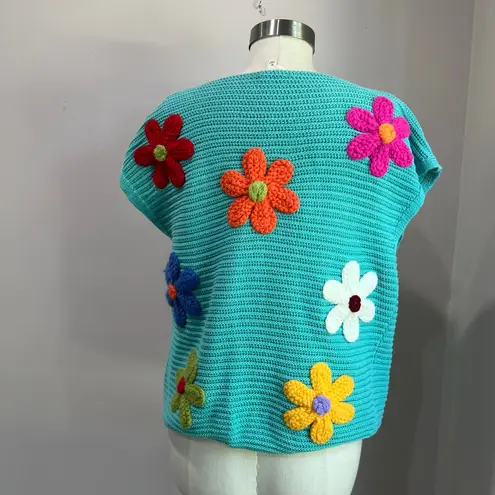 BiBi Blue Teal Floral Crochet Knit Short Sleeve Sweater Top Sz M Size M