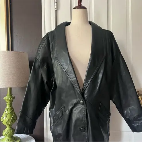 Vintage Leather Trench Jacket Puff Sleeve Button Front Black Oversized Large