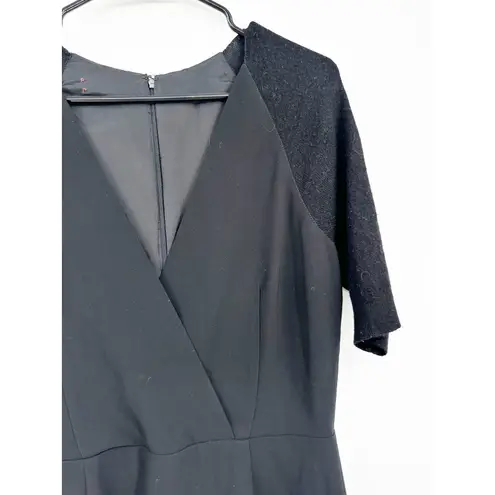 Altuzarra V-Neck Knit Sleeve Woven Knee Length Slit Sheath Dress Black Size 40