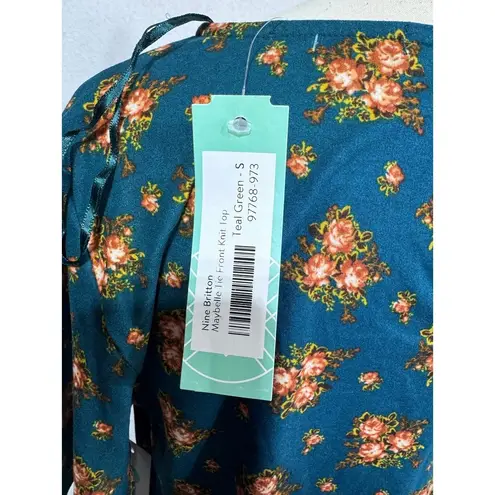 Nine Britton Maybelle Tie Front Floral Print Knit Short Sleeve Top Teal Sz S NWT