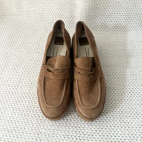 Dolce Vita Yanni Chestnut Suede Platform Penny Loafer Heels Menswear Academia 9 Tan