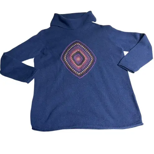 Desen Triko Women's Turtleneck Sweater Embroidered Wool Long Sleeve Blue Medium