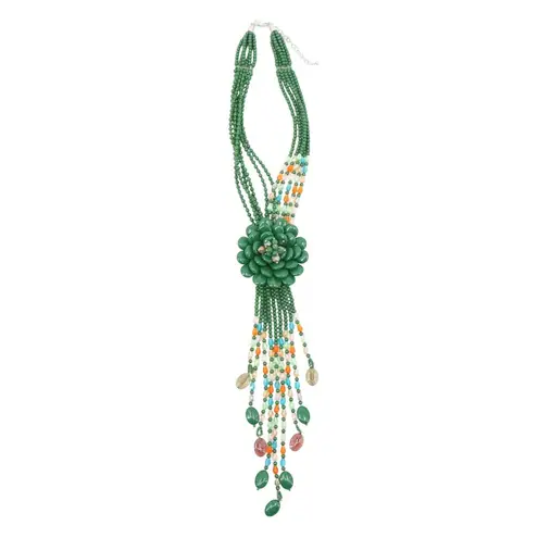 Joan Rivers New Starlet Style Beaded Flower Cluster Fringe Jade Green Necklace