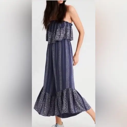 Japna  smocked ruffle strapless jumpsuit wide leg palazzo romantic blue floral XS - Image 10