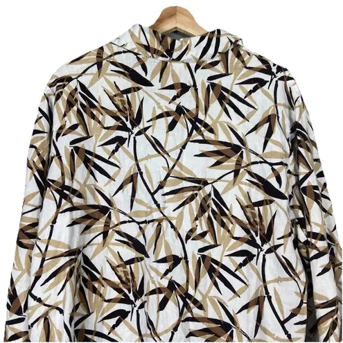 JM Collection  100% LINEN TROPICAL‎ PALM TAB LONG SLEEVE BUTTON UP BLOUSE Size 16