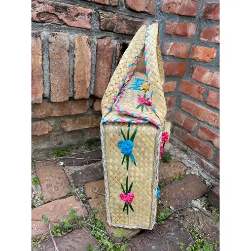 raffia straw suitcase shoulder bag floral blue pink yellow