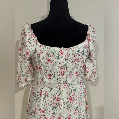 None EUC Women's White and Pink Bohemian Floral Print Puff Sleeve Dress Size Medium