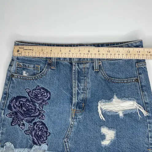 Hidden Jeans Denim Mini Skirt Womens XS Blue Floral Embroidery Distressed