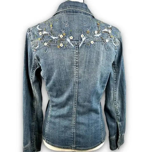 Brandon Thomas Womens Jean Denim Trucker Jacket Embellished Floral Size Small Blue