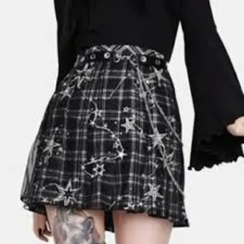 DARK IN LOVE Dolls Kill Mini Plaid Skirt KILT GOTH WHIMSY STARS Small S Black