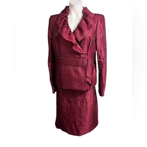 Kasper blazer & Skirt Suit set Red satin Ruffle trim long sleeve knee length
