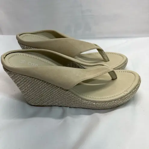 CRYSTAL QUEEN NEW BEIGE WEDGE SANDAL W/WOVEN TRIM SZ 7.5