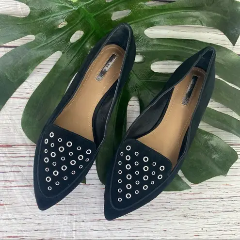 Tahari Flats Esther Suede Grommet Detail Pointed Toe Black 7.5