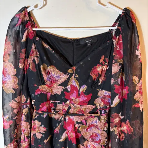 Lulus  Dramatically Dreamy Black Floral Chiffon Tiered Lurex Mini‎ Dress Medium